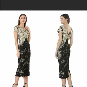 New! JS COLLECTIONS Soutache Embroidered 2-Tone Midi Sheath Dress Gold Black